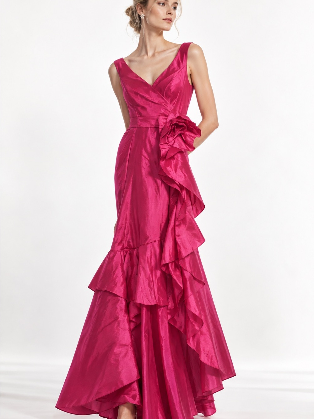 Posh Couture Fuchsia Ruffled V-Neck Maxi Dress